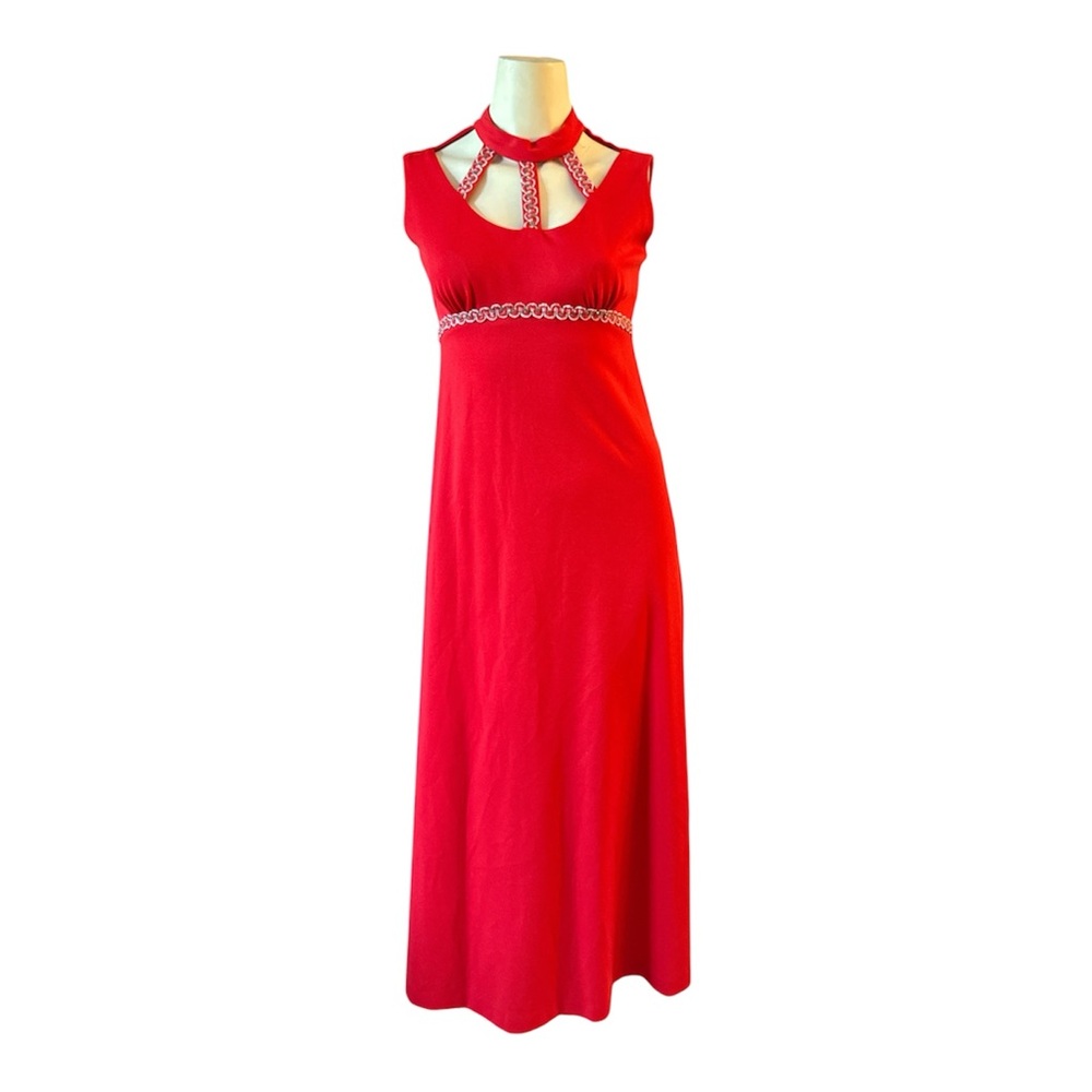Vintage 70’s Unique Formal Women Dress Sleeveless Red Maxi Embellished Size 9